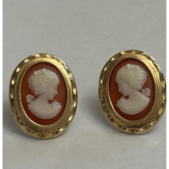Vintage Cameo Stud Earrings – Gold-Tone Oval, Butterfly Backs, 0.75” - Picture 1 of 6
